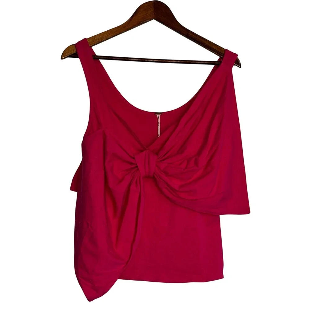Free People Bow Tank Top Womens M Pink Sleeveless Stretch Knot Front Babydoll‎